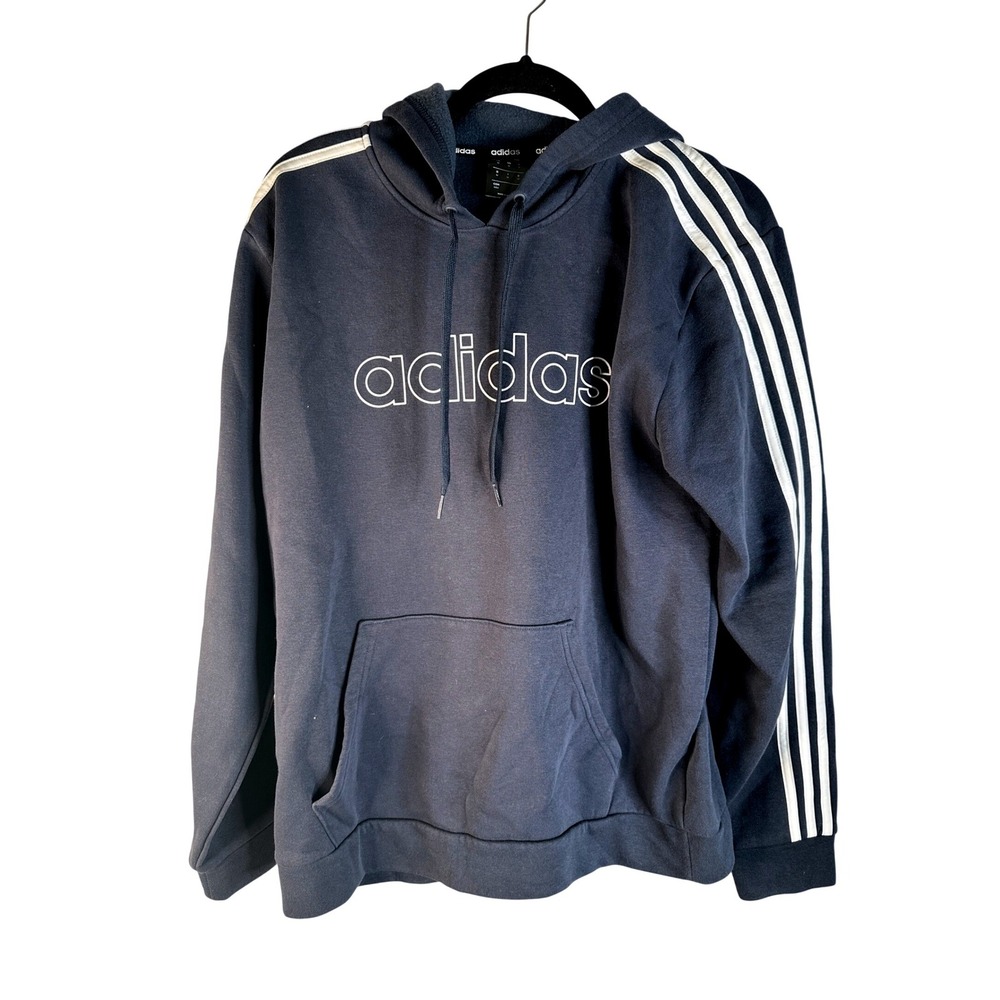 Adidas Men's Navy Blue 3-Stripe Fleece Pullover Hoodie Sweatshirt Size Medium